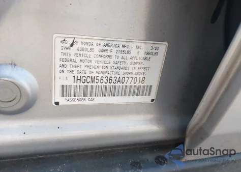 2003 Honda Accord 2.4 Lx из США, поврежденный, VIN 1HGCM56363A077018